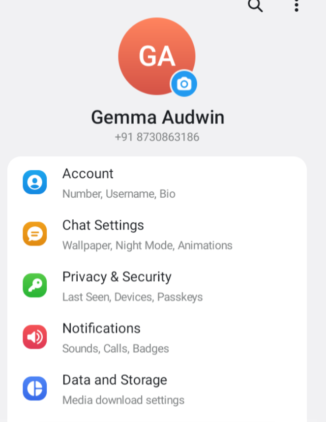 Telegram English settings page showing Data and Storage